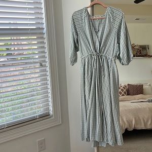 NWT brass and roe midi blue gingham dress XS
